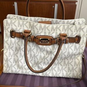 Michael Kors White and Brown Signature Tote Bag